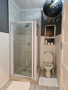 a bathroom with a shower with a toilet at Dunrobyn Court Tempo Stay in East London