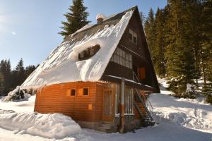 une cabane en rondins avec de la neige sur le toit dans l'établissement Chata Repiská, à Demänovská Dolina