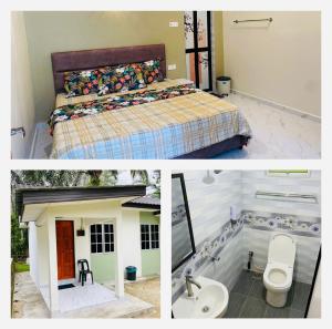 2 fotos de un dormitorio con cama y lavabo en Lang Buana Eco Park, en Jerantut