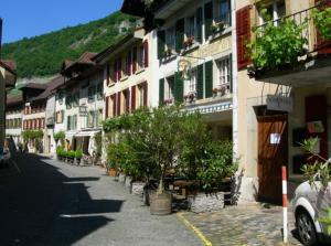 a street in a town with buildings and trees at Hotel zum alten Schweizer in Twann