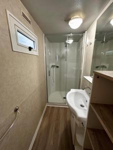 a bathroom with a shower and a white sink at Mobile Homes - Camping Melany Umag in Lovrečica +18 photos