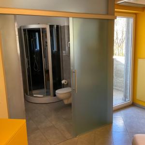 a bathroom with a toilet and a glass shower at Hotel Liberty Self Check-In in Bellinzona