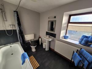 ein Badezimmer mit Badewanne, Toilette und Waschbecken in der Unterkunft Charming pet friendly 2 bedroom cottage, close to Narberth & local beaches, friendly animals on our smallholding in Pembrokeshire