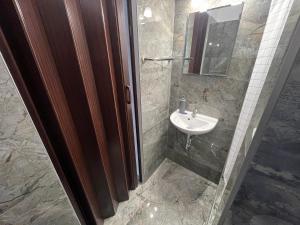 uma casa de banho com um lavatório e um chuveiro com um espelho. em Lilla motel em Hegyeshalom