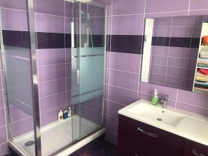 La salle de bains violette est pourvue d'une douche et d'un lavabo. dans l'établissement Maison village de Créteil, à Créteil