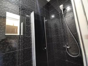 a bathroom with a shower with black tiles at 8 Small studio apartment in Klaipėda