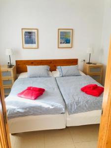two beds in a bedroom with red pillows on them at Marina Dor III -Villa #10 Studio in Santanyi +16 photos