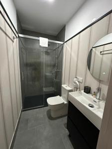 W łazience znajduje się prysznic, toaleta i umywalka. w obiekcie Posada de los Venerables w Sewilli