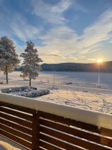 - Vistas al invierno a un lago con un árbol y una valla en House by the lake in central Jokkmokk, en Jokkmokk