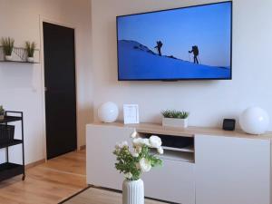 sala de estar con TV de pantalla plana en la pared en Vue Montagne - Appt Cosy et calme - Netflix - Fibre en Grenoble