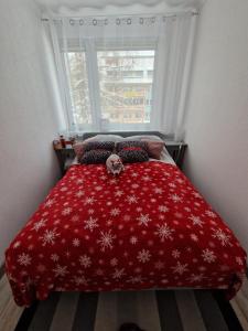 czerwony koc na łóżku z oknem w obiekcie Apartament Górska Panorama w Szklarskiej Porębie