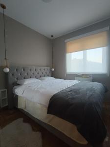 - une chambre avec un grand lit et une fenêtre dans l'établissement Apartman Samsara, à Sarajevo