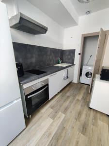 uma cozinha com um lavatório e um fogão forno superior em Appart T3 à Pamiers em Pamiers