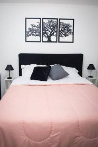 a bedroom with a large bed with three pictures on the wall at Apartamento ao Lado do metrô Carrão in Sao Paulo