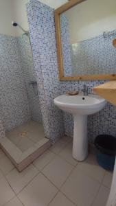 La salle de bains est pourvue d'un lavabo et d'une douche avec un miroir. dans l'établissement AKINE TI KASSO piscine, à Diembéreng