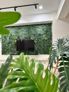 uma parede verde com uma televisão numa sala de estar em Grove Forest em Sitiawan