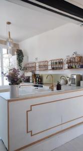 kuchnia ze zlewem i blatem w obiekcie Maison Charmeilles - La suite Pomerol w mieście Fronsac