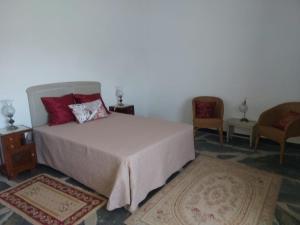 Quinta do Mocho في Arcos: غرفة نوم بسرير ومخدات حمراء وكرسيين