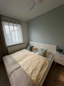 - une chambre avec un grand lit et une fenêtre dans l'établissement Apartament Morska Melodia z balkonem i miejscem do pracy zdalnej, à Władysławowo