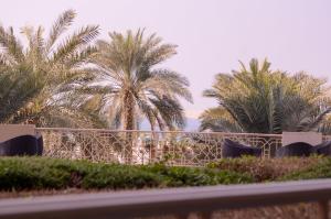 a fence with palm trees in the background at Private Suites Al Hamra Palace at golf & sea resort in Ras al Khaimah