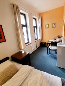 a bedroom with a bed and a desk in a room at Penzion Bazalka in Jablonec nad Nisou