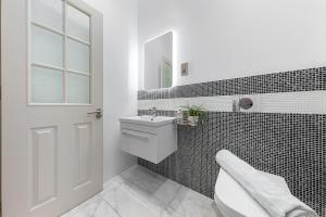 La salle de bains est pourvue de toilettes, d'un lavabo et d'un miroir. dans l'établissement Modern Spacious 1 Bed Flat near Richmond Park, à Londres