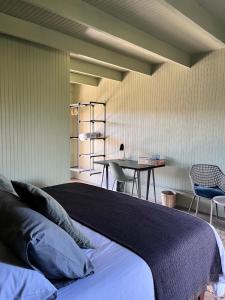 1 dormitorio con 1 cama, mesa y sillas en La Guarda en Catapilco