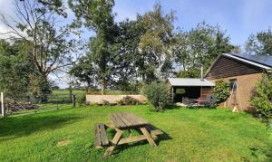 een houten picknicktafel in het gras bij een huis bij Vakantiehuis met Jacuzzi 4 personen in Giethoorn