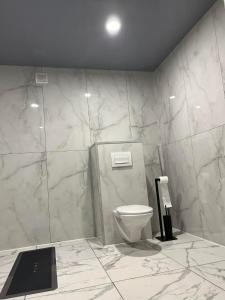 a bathroom with a toilet and a marble wall at RELAX VILLA 