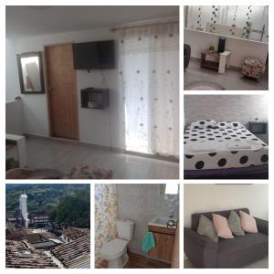 eine Collage mit Fotos von einem Schlafzimmer und einem Zimmer mit einem Bett in der Unterkunft Casa 3 Cocorna in Cocorná