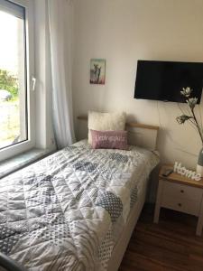 a bedroom with a bed with a television on the wall at Haus zur Eiche 1 in Dahme