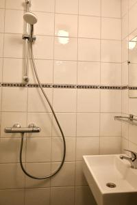 a bathroom with a shower and a sink at De Viool Appartementen in Buren