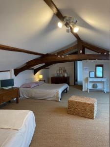 a bedroom with two beds and a ceiling fan at Chambre d'Hôtes La Cour des Saligues in Riscle