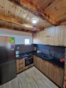 une cuisine avec des armoires en bois et un réfrigérateur en acier inoxydable dans l'établissement Cozy Home Small bear, à Žabljak