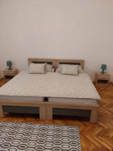 1 dormitorio con 1 cama con 2 lámparas en 2 mesas en Repi-Tár apartman, en Szolnok