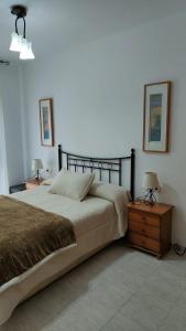 1 dormitorio con 1 cama grande y 2 mesitas de noche en Apartamentos Montsià Mar, en Sant Carles de la Ràpita