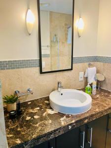 a bathroom counter with a sink and a mirror at Modern, beautiful 1 bed with views -V&A Waterfront in Cape Town