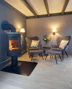 a living room with a fireplace and chairs and a couch at Maison du Grand Moulin in Saint-Aubin-en-Charollais