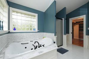 eine Badewanne im Bad mit blauen Wänden in der Unterkunft Character Stay across Swan Lake Nature Sanctuary in Victoria