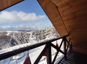 uma vista para uma floresta coberta de neve a partir de uma varanda em Bojkówka Domki Wypoczynkowe em Baligród