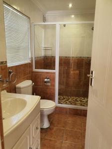 a bathroom with a toilet and a sink and a shower at Ringwood Villa in Cape Town
