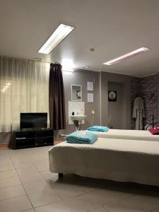 ナルヴァにあるNarva Kangelaste 2 Apartmentsのベッドルーム1室(ベッド2台、薄型テレビ付)