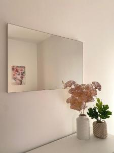 ein Spiegel an einer Wand mit einer Pflanze auf einem Tisch in der Unterkunft Benni House in Civitavecchia