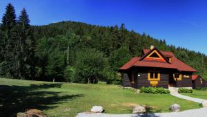 ein kleines Haus mit rotem Dach auf einem grünen Feld in der Unterkunft Chaty Hana in Demänovská Dolina
