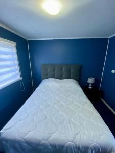 a bedroom with a white bed in a blue room at Cabañas Los senderos del Puma in Melipeuco