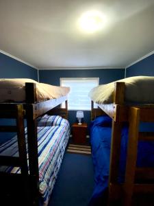 two bunk beds in a room with a window at Cabañas Los senderos del Puma in Melipeuco