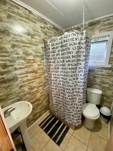 a bathroom with a shower with a toilet and a sink at Cabañas Los senderos del Puma in Melipeuco