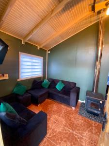a living room with a couch and a stove at Cabañas Los senderos del Puma in Melipeuco