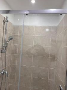 um chuveiro numa casa de banho com uma porta de vidro em Studio CARPE DIEM em Romilly-sur-Seine