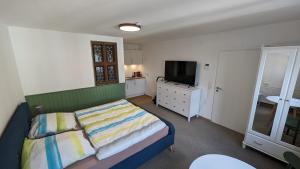 um quarto com uma cama, uma cómoda e uma televisão em Gästezimmer Michelskeller em Sulzfeld am Main
